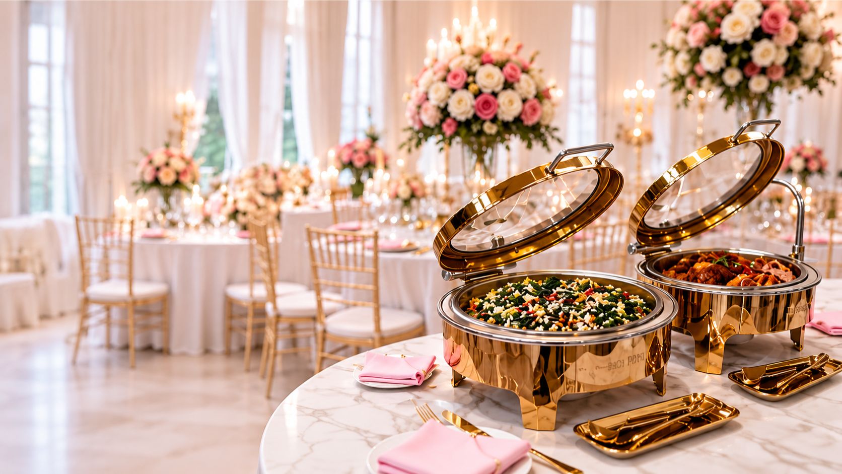 Elegant event setup with gold chafing dishes and floral decorations